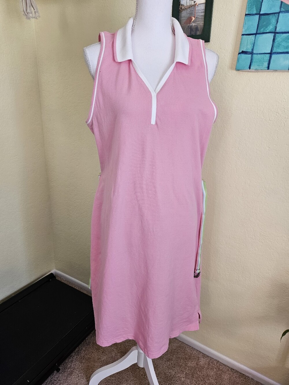Liz Claiborne Sleeveless Pink Polo Dress with White Trim Sz L